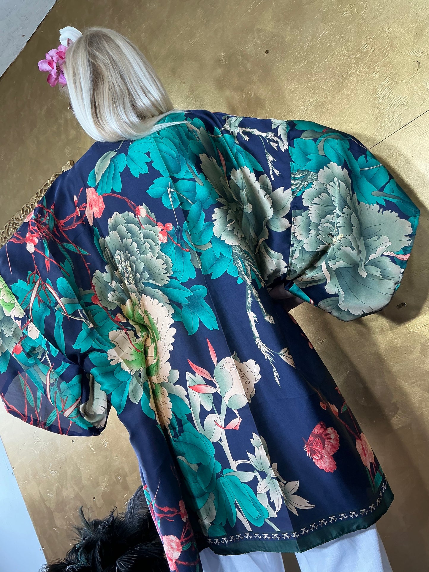 Navy Floral Silk Kimono