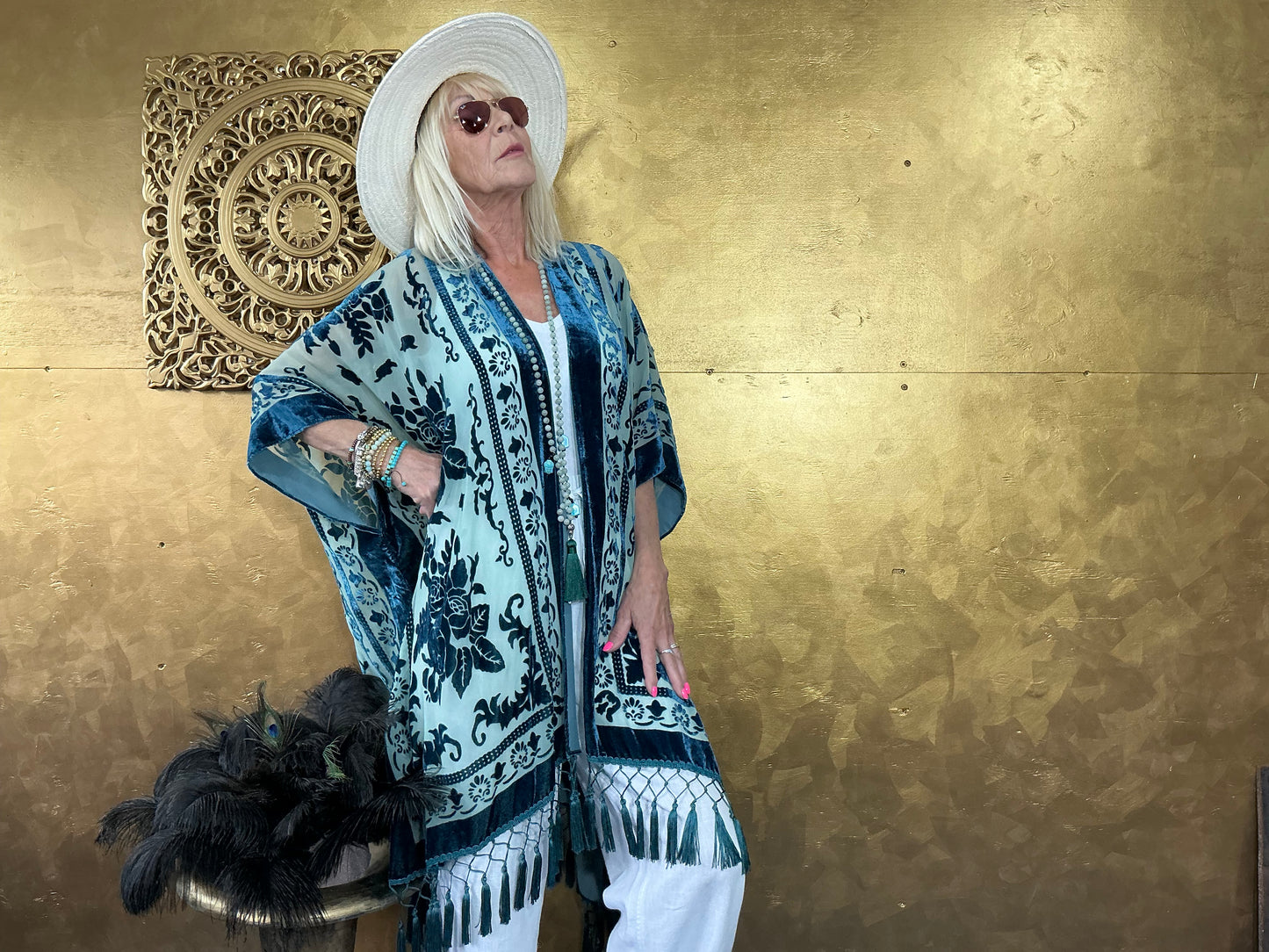 Lavish Cyan Blue Velvet Kimono