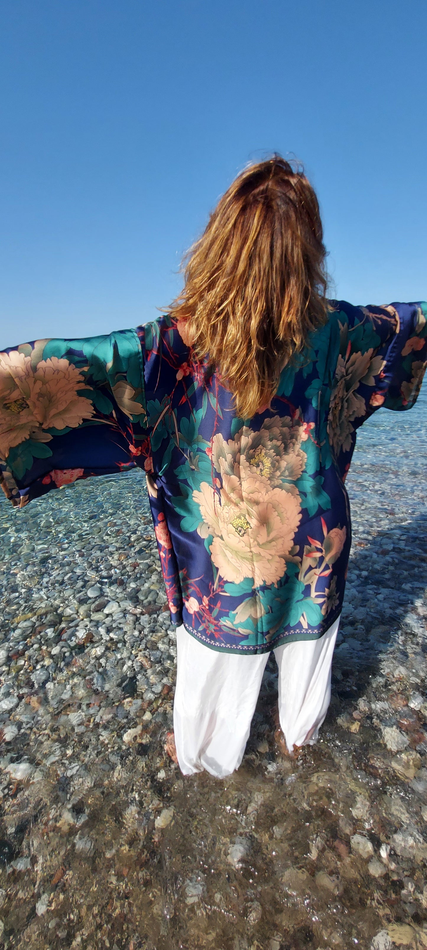 Navy Floral Silk Kimono
