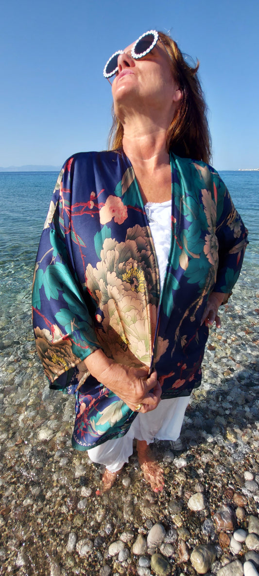 Navy Floral Silk Kimono