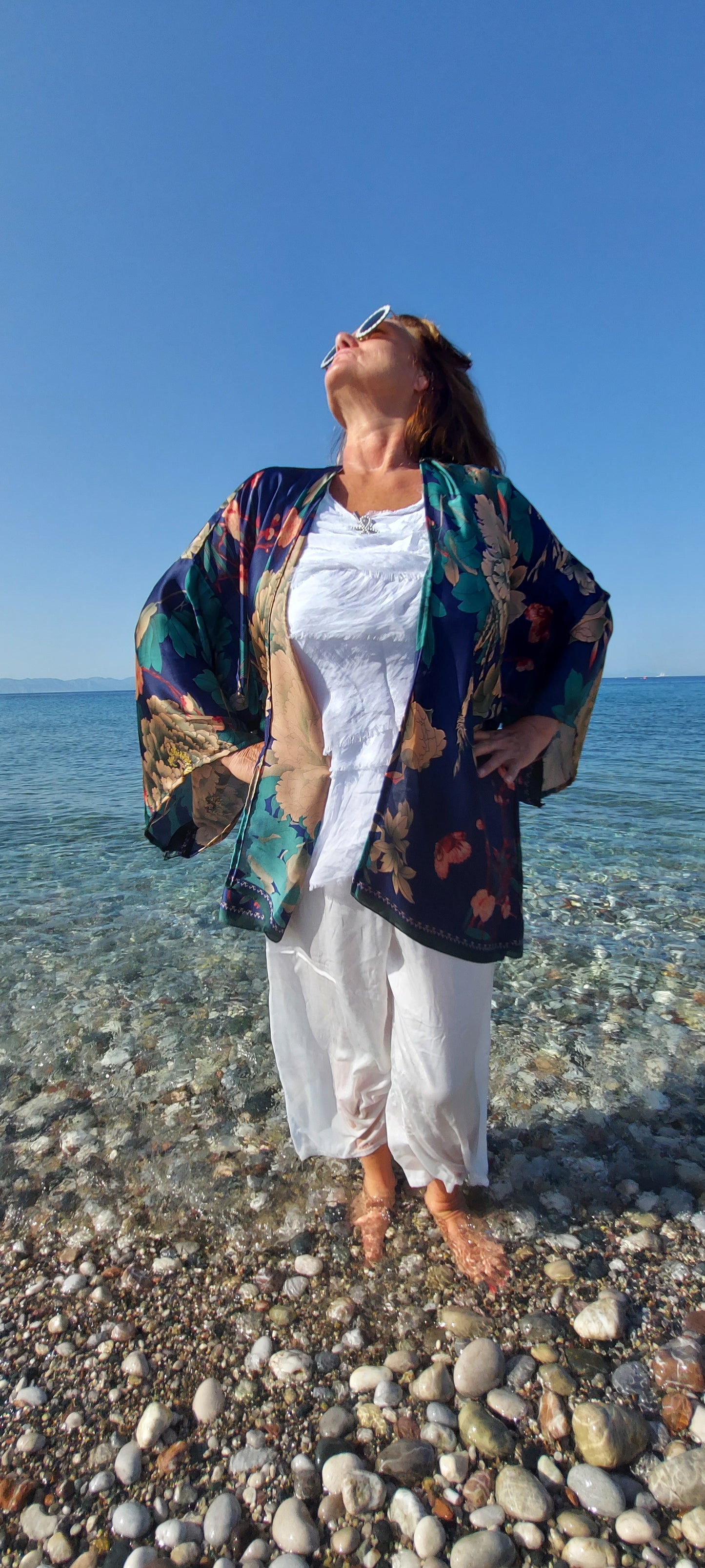 Navy Floral Silk Kimono