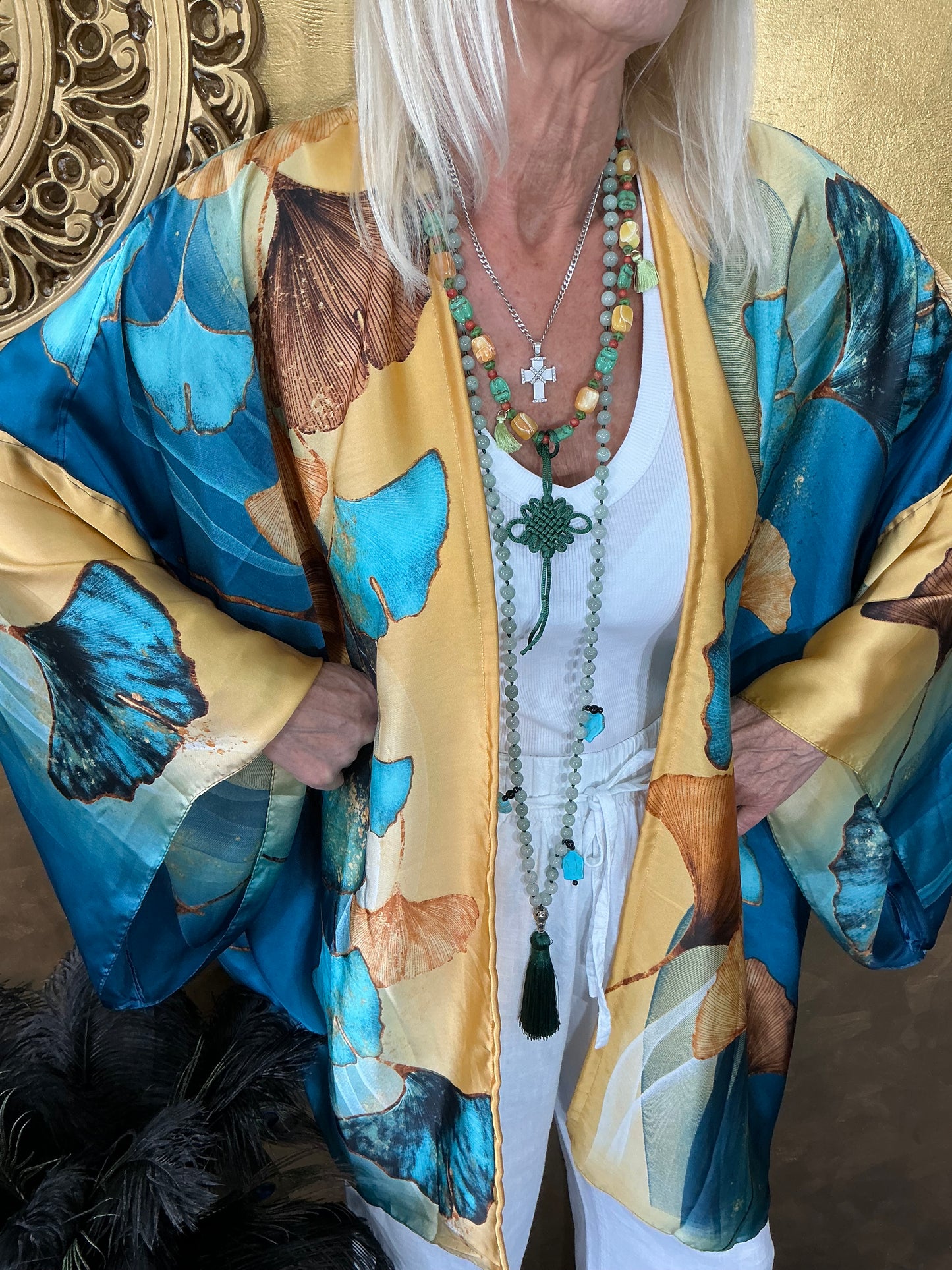 Golden Leaves Silk Kimono