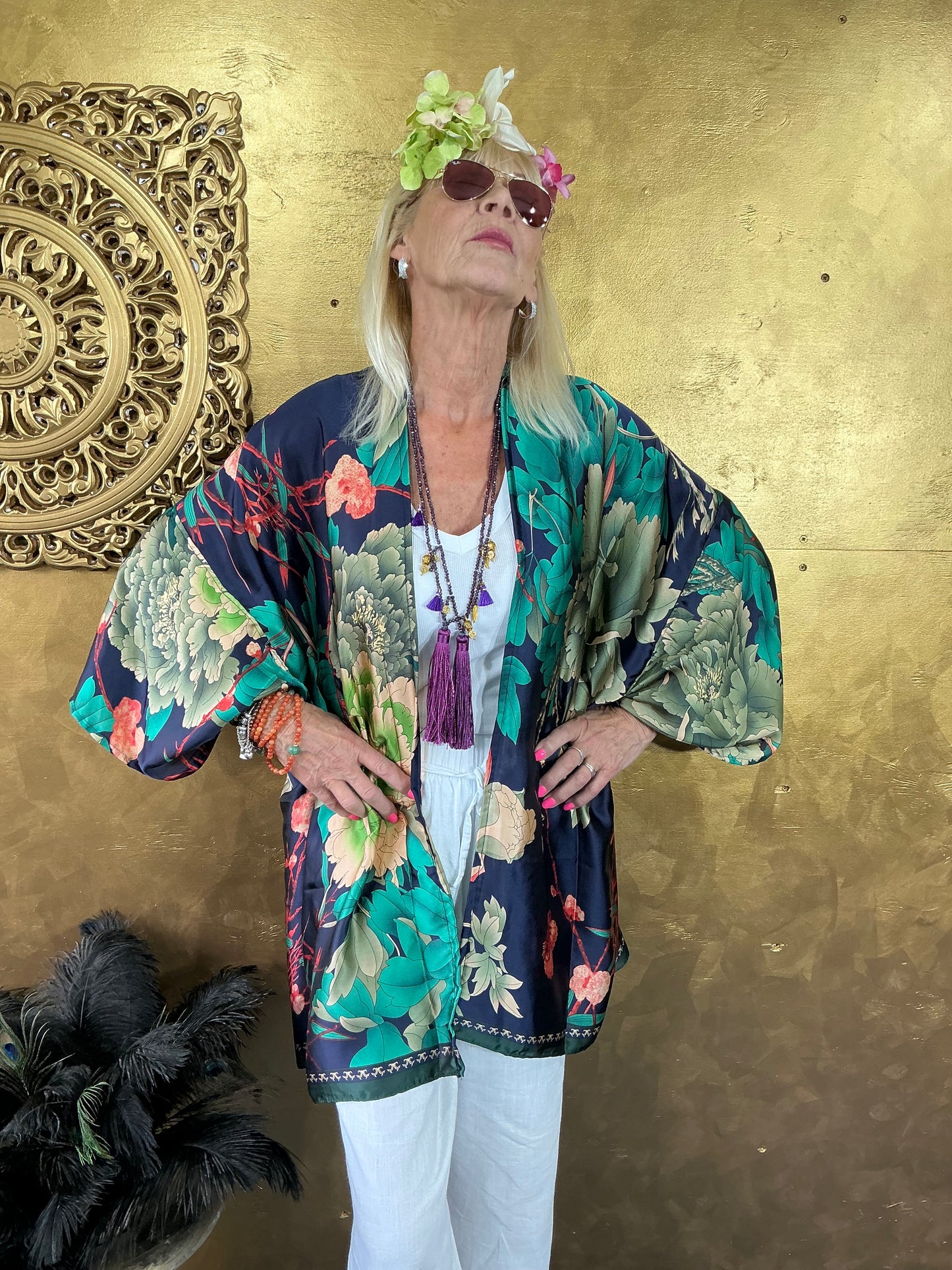 Navy Floral Silk Kimono