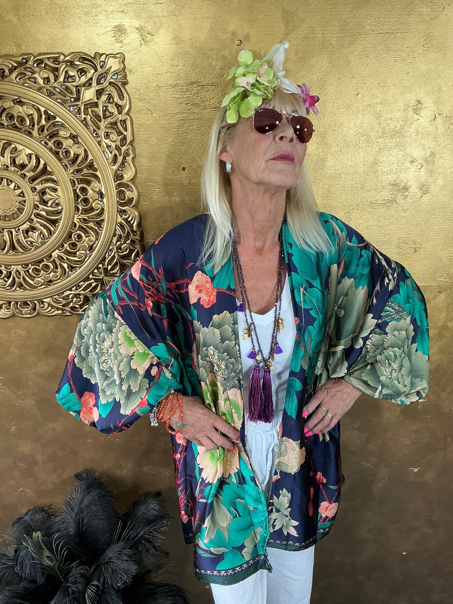 Navy Floral Silk Kimono