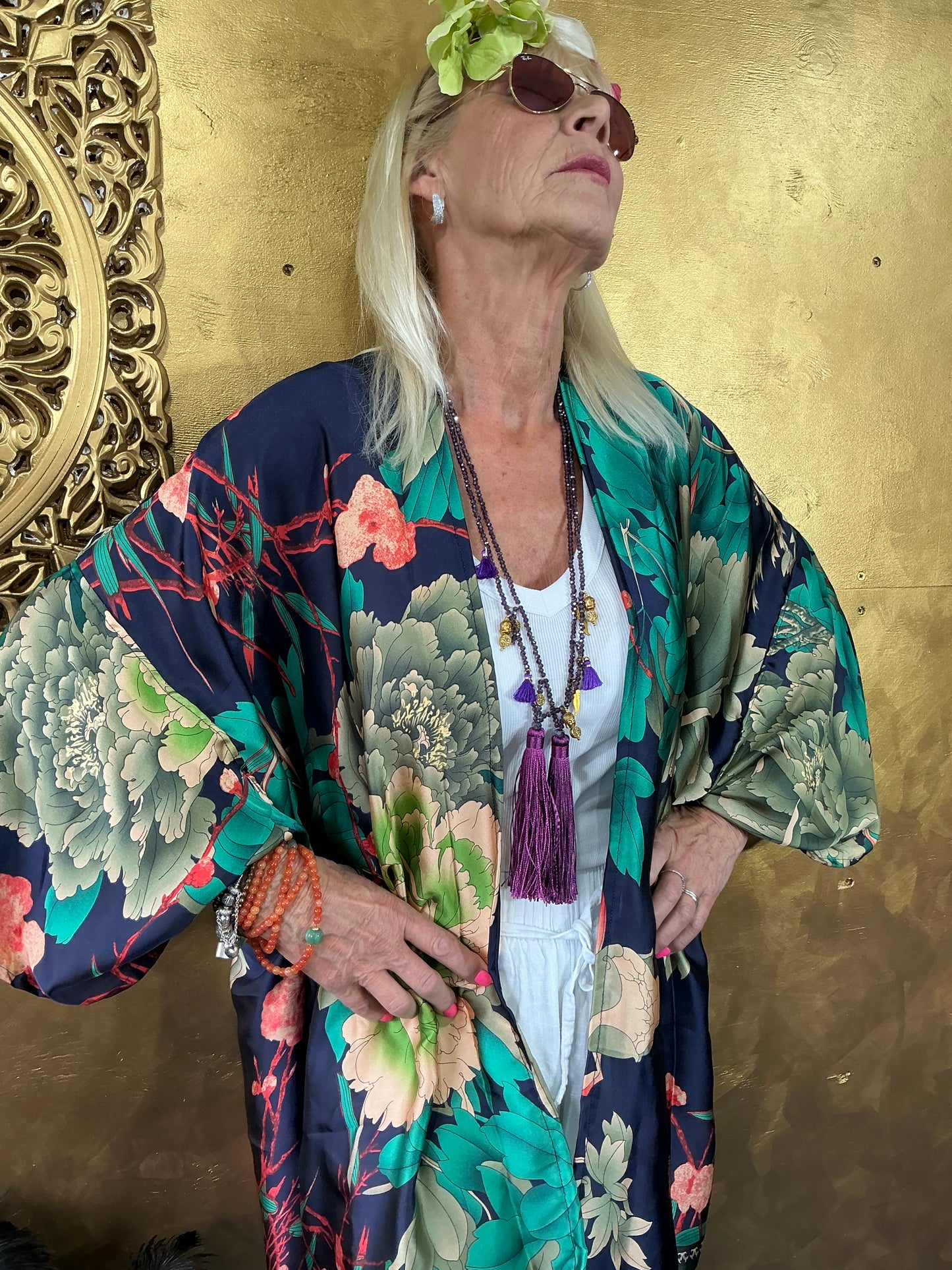 Navy Floral Silk Kimono