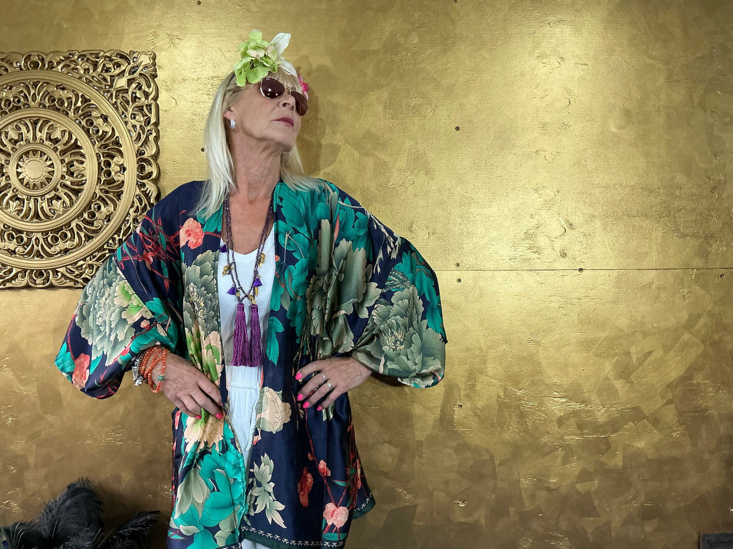 Navy Floral Silk Kimono