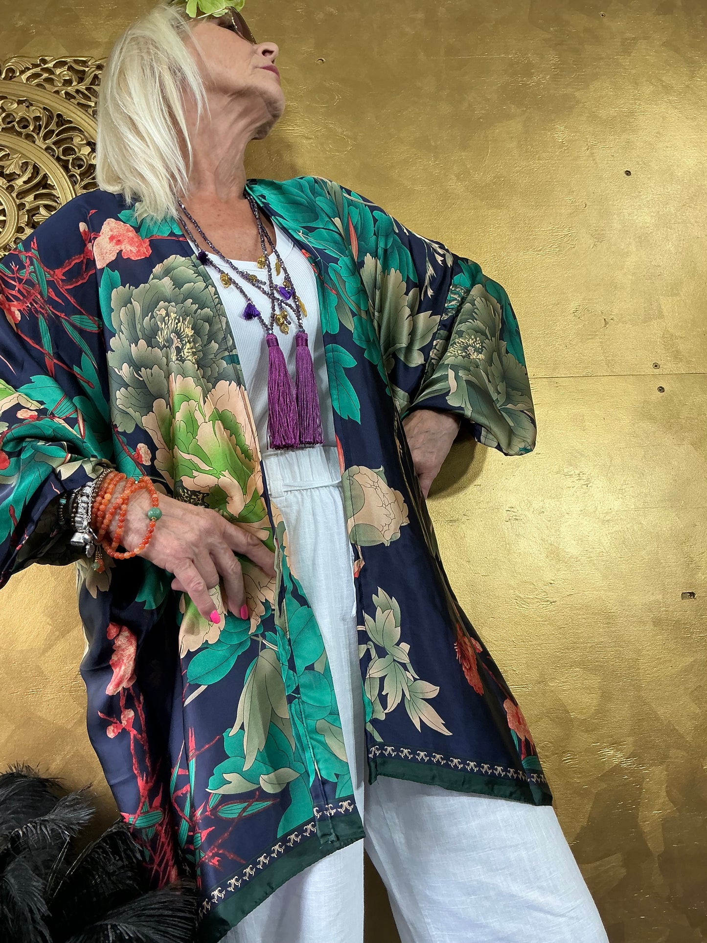 Navy Floral Silk Kimono