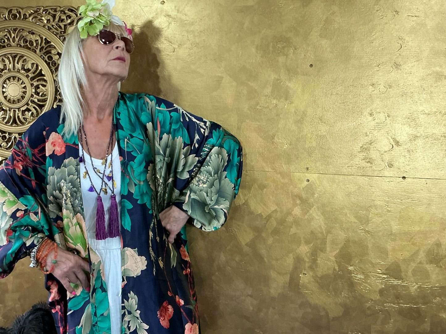 Navy Floral Silk Kimono