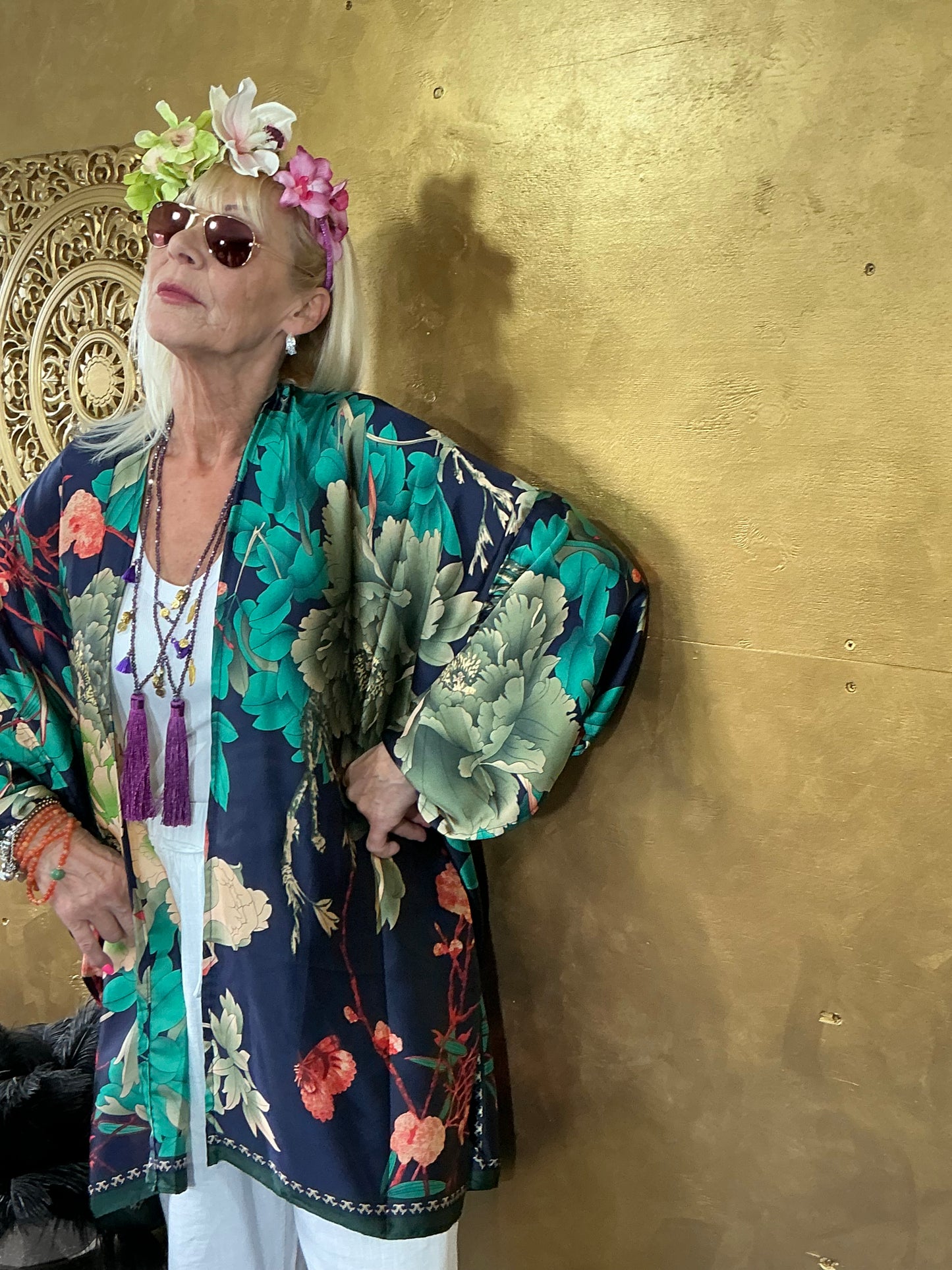 Navy Floral Silk Kimono