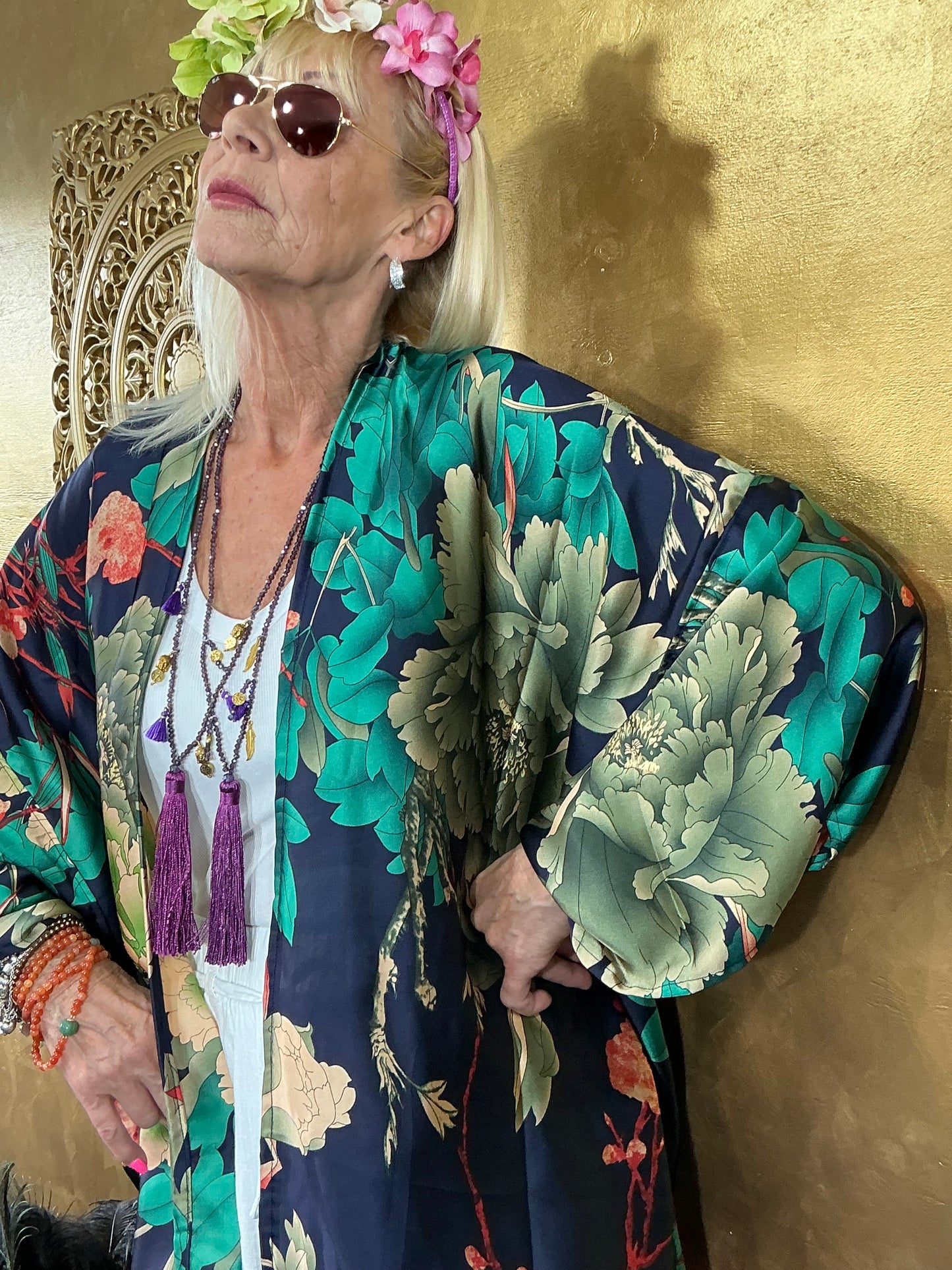Navy Floral Silk Kimono