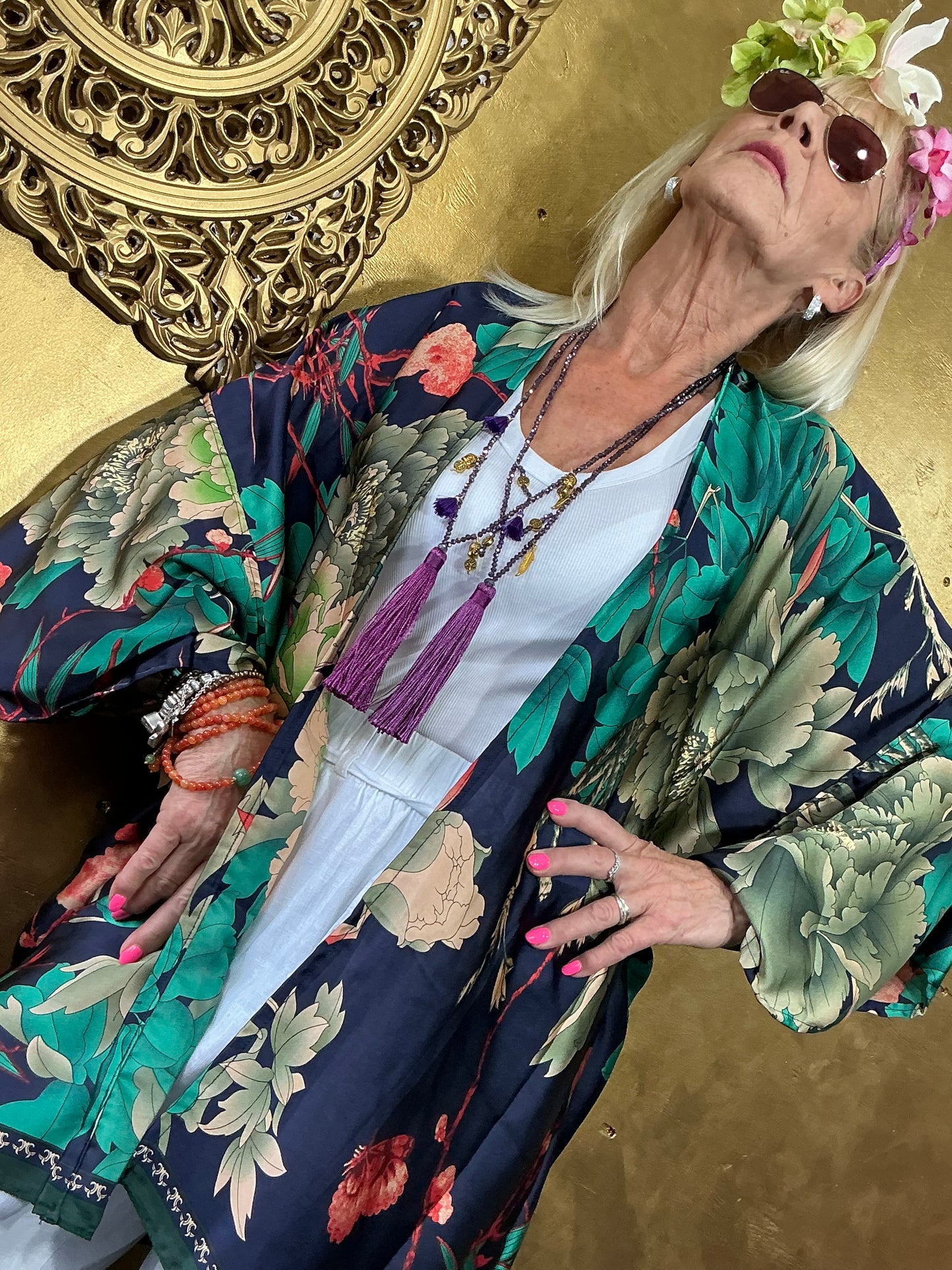 Navy Floral Silk Kimono