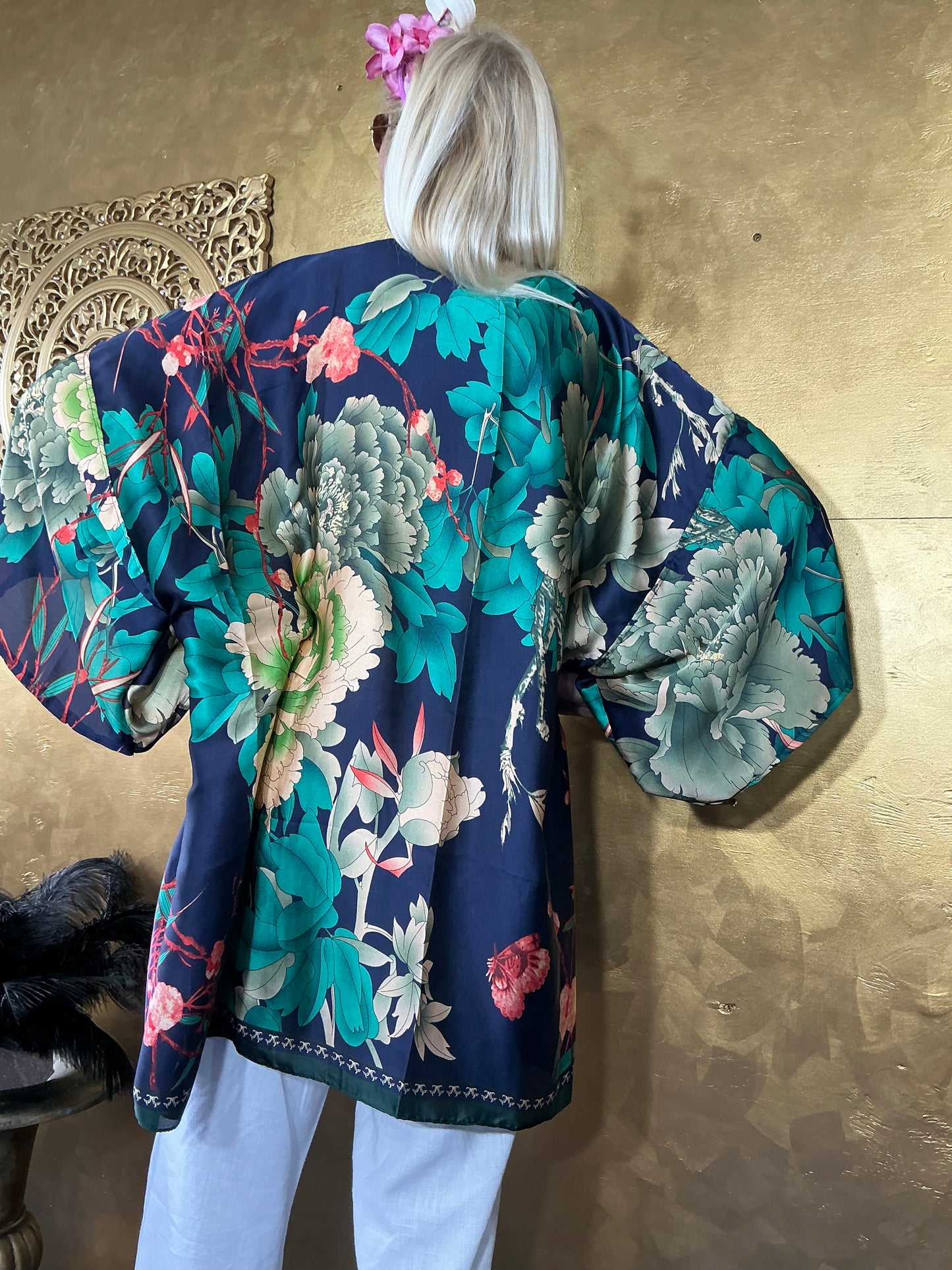 Navy Floral Silk Kimono