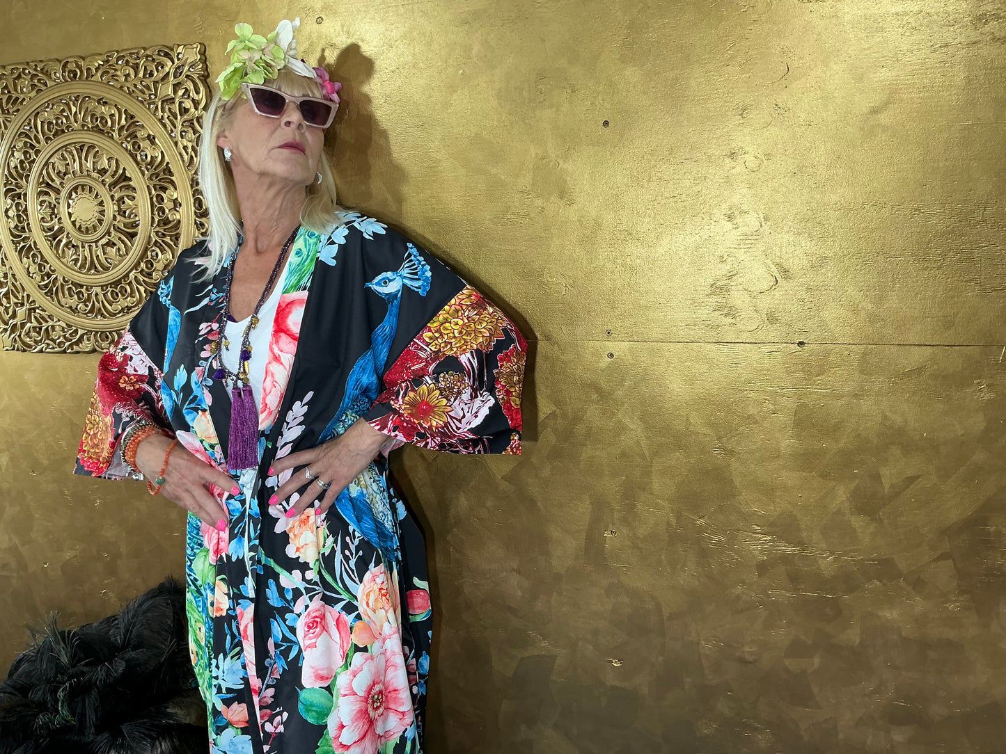 Opulent Luxury Peacock Black Kimono