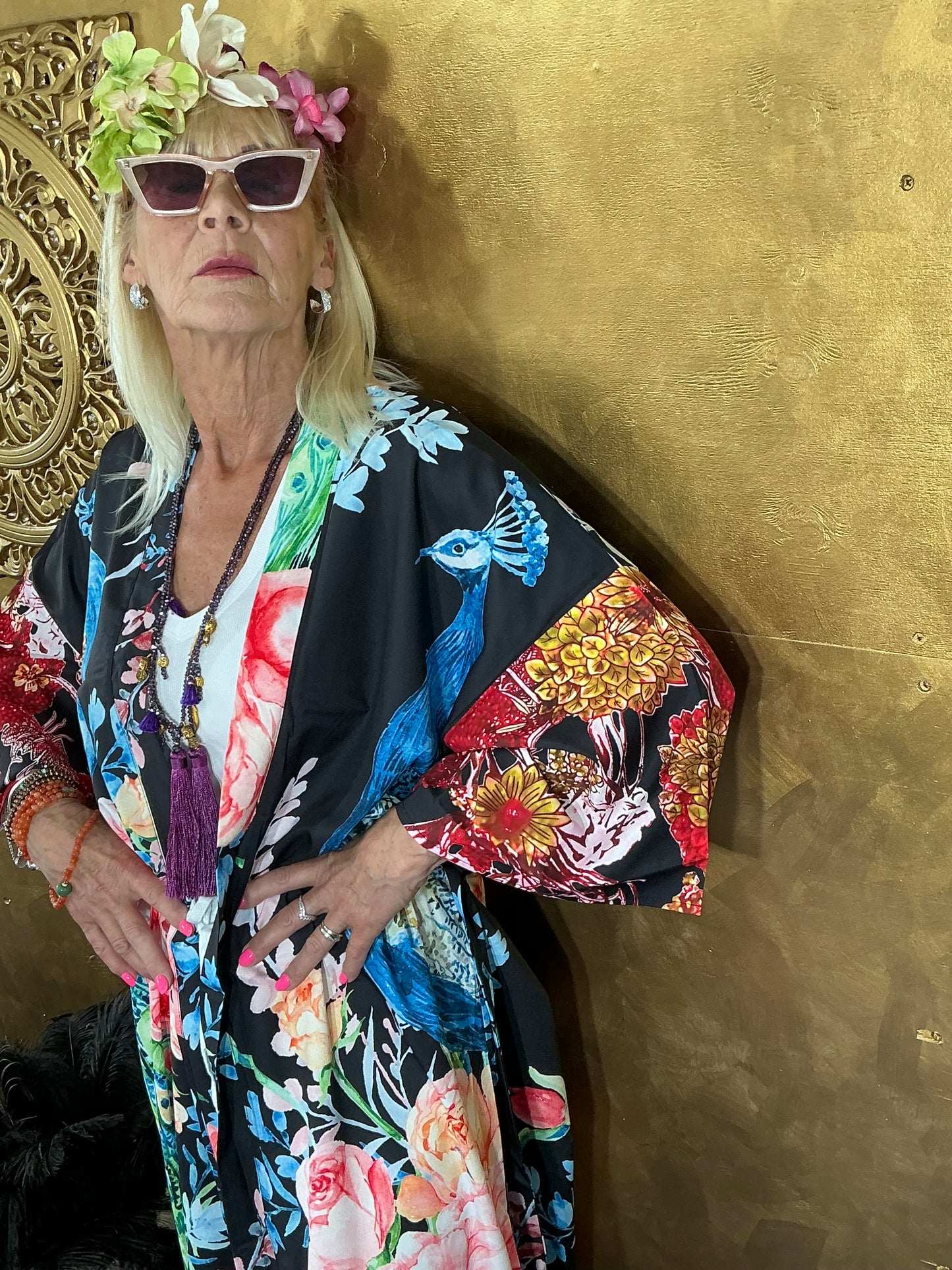 Opulent Luxury Peacock Black Kimono