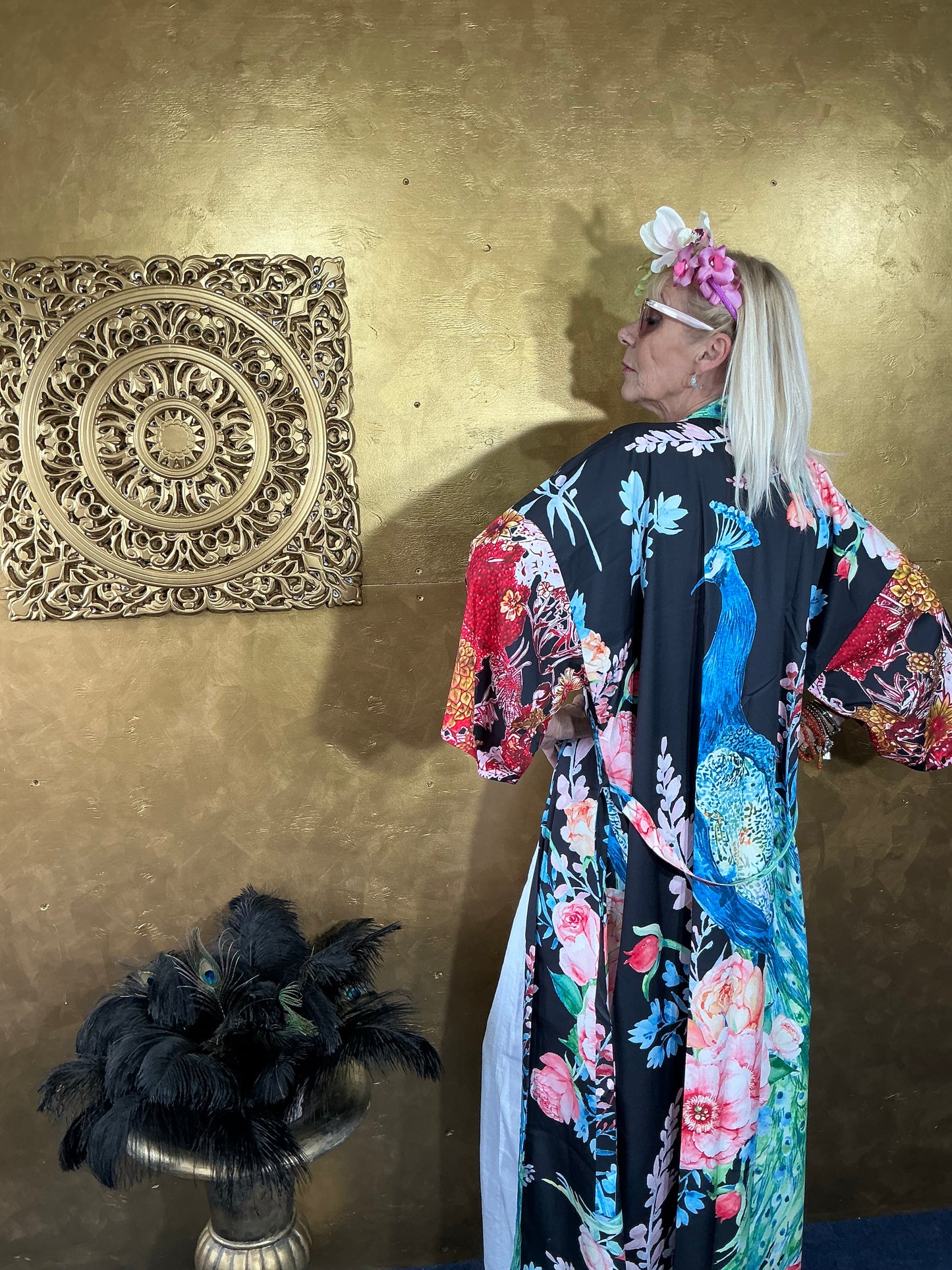 Opulent Luxury Peacock Black Kimono