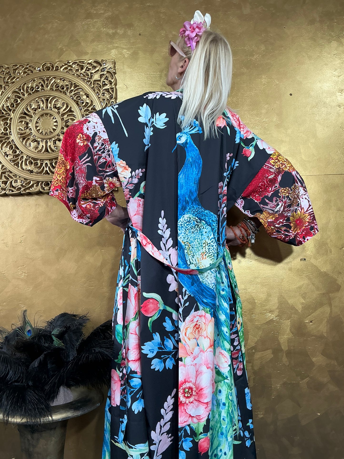 Opulent Luxury Peacock Black Kimono