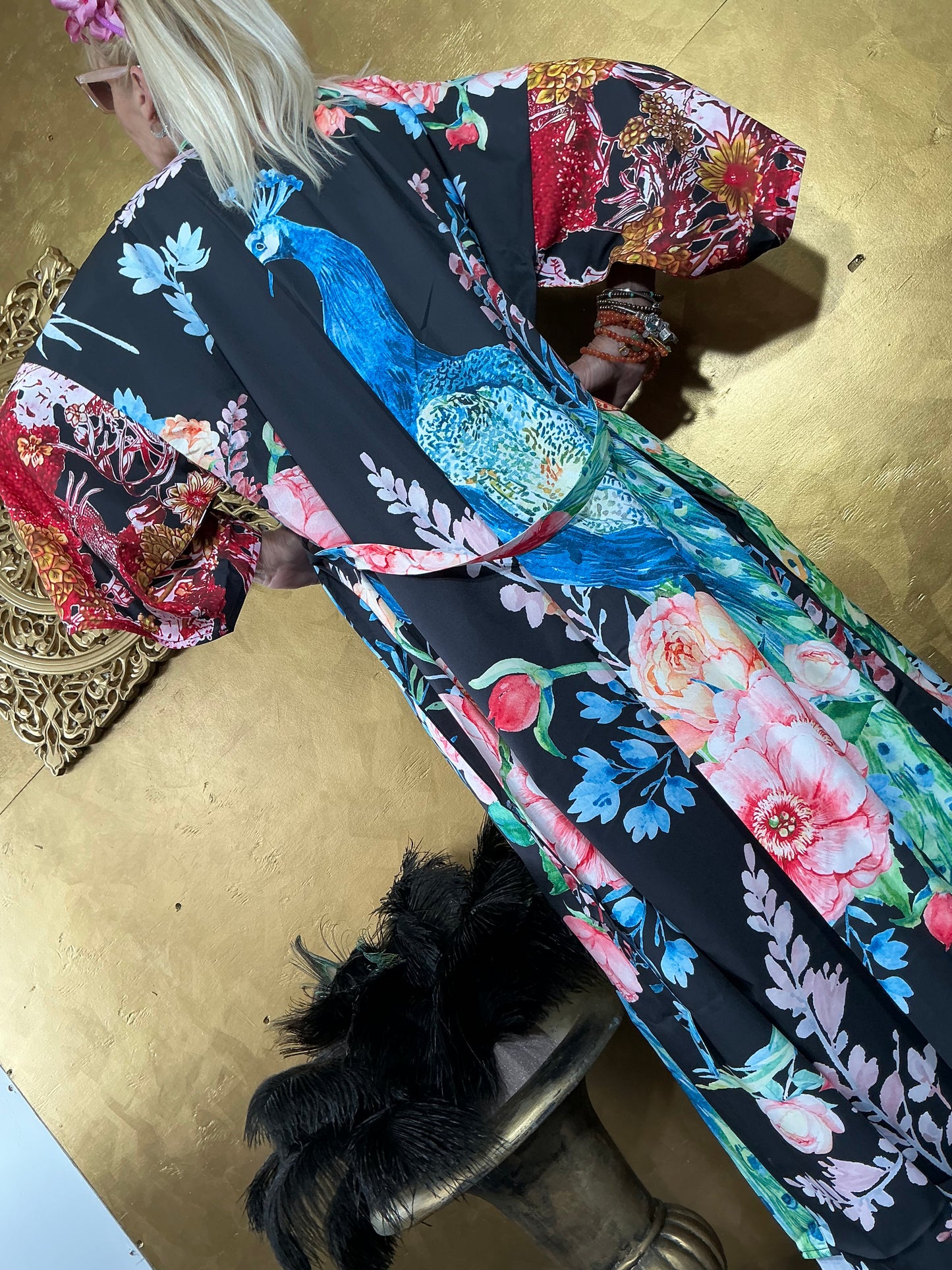 Opulent Luxury Peacock Black Kimono