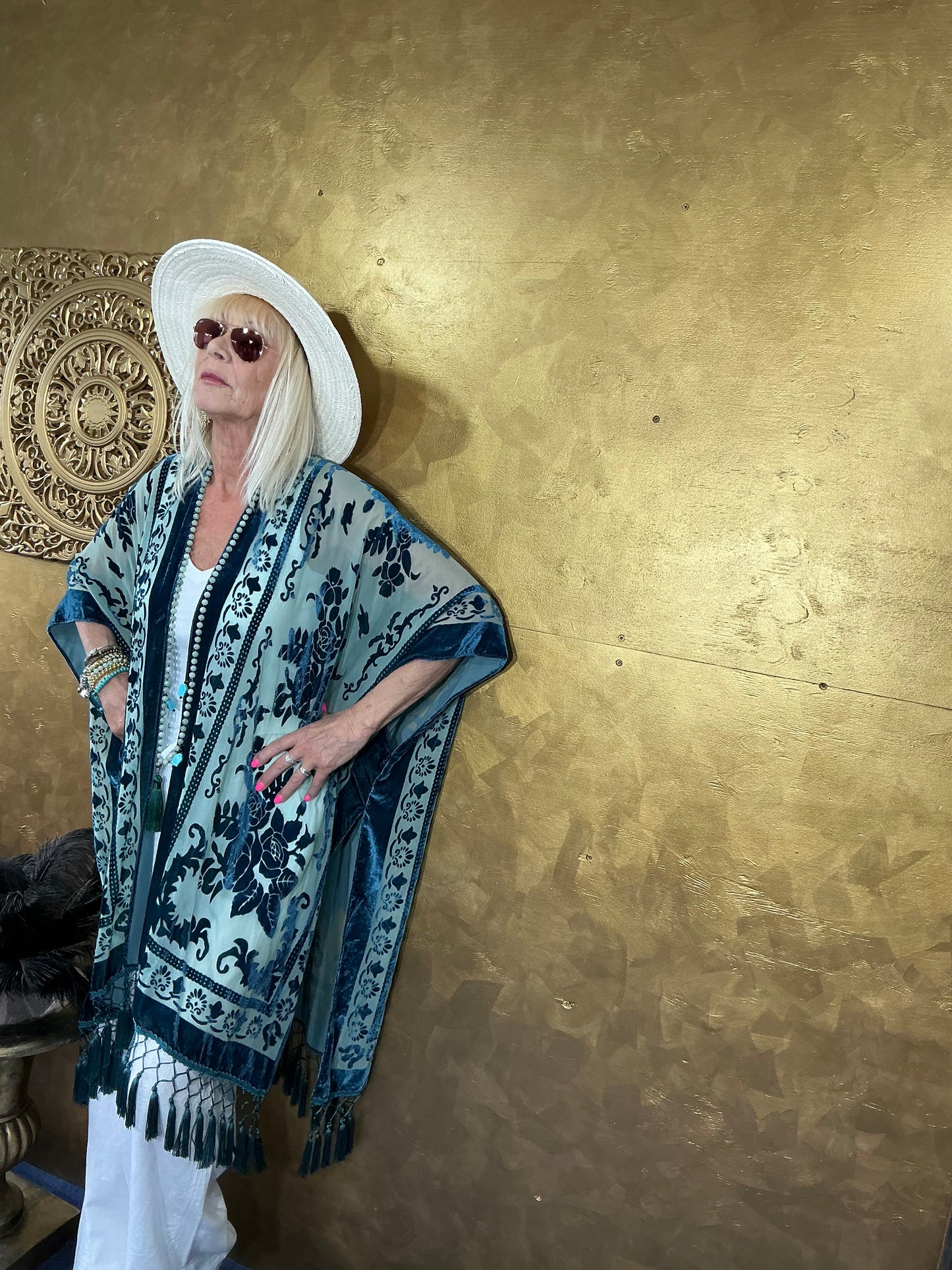 Lavish Cyan Blue Velvet Kimono