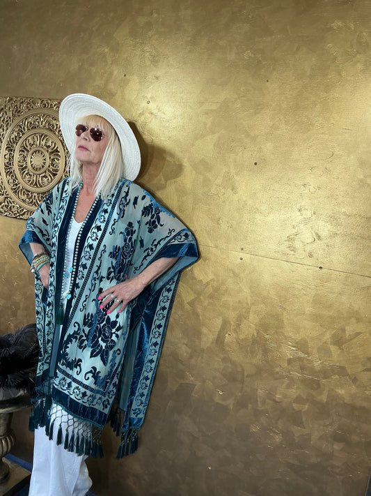 Lavish Cyan Blue Velvet Kimono