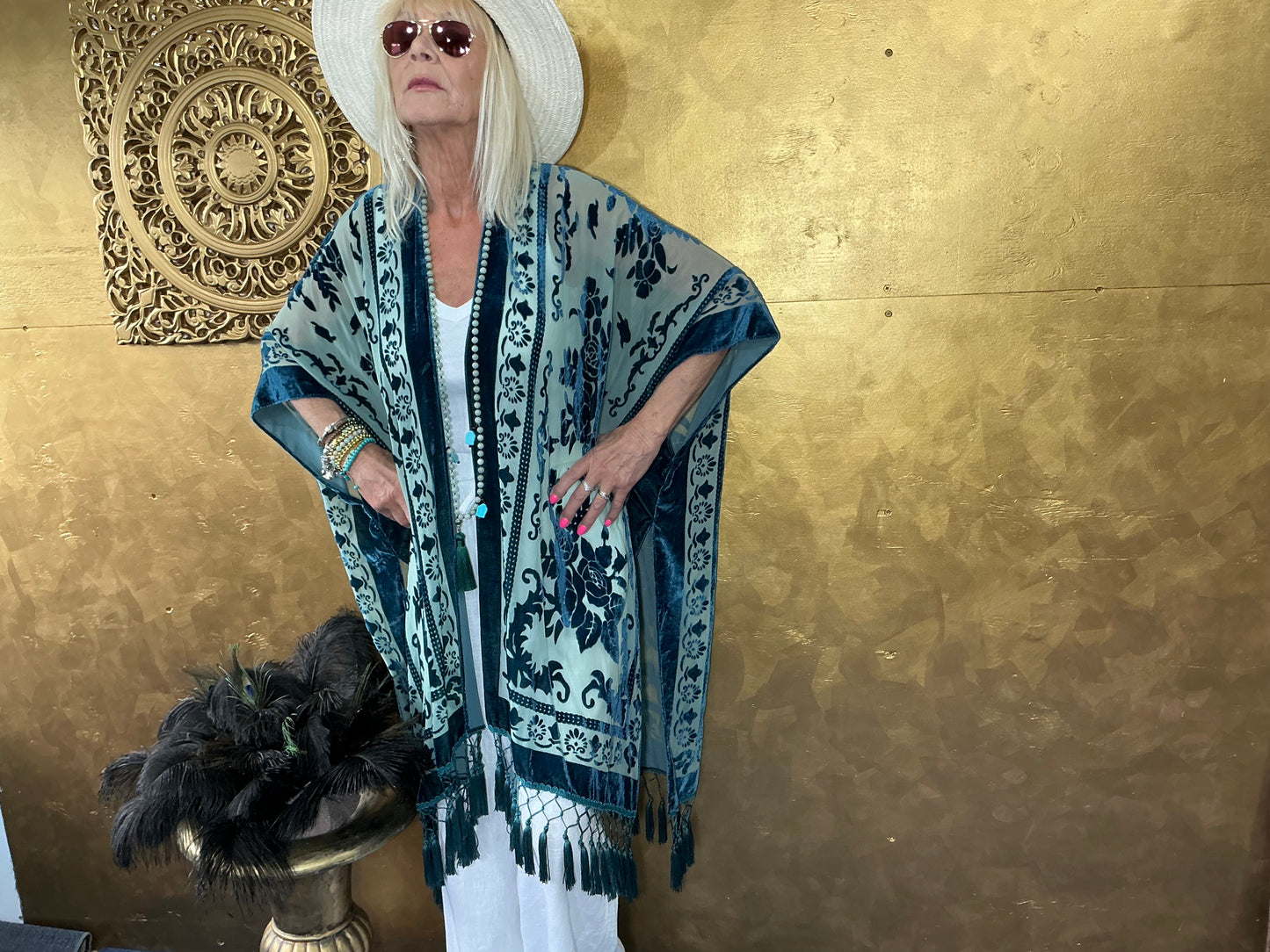 Lavish Cyan Blue Velvet Kimono