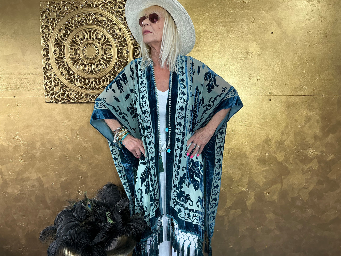 Lavish Cyan Blue Velvet Kimono