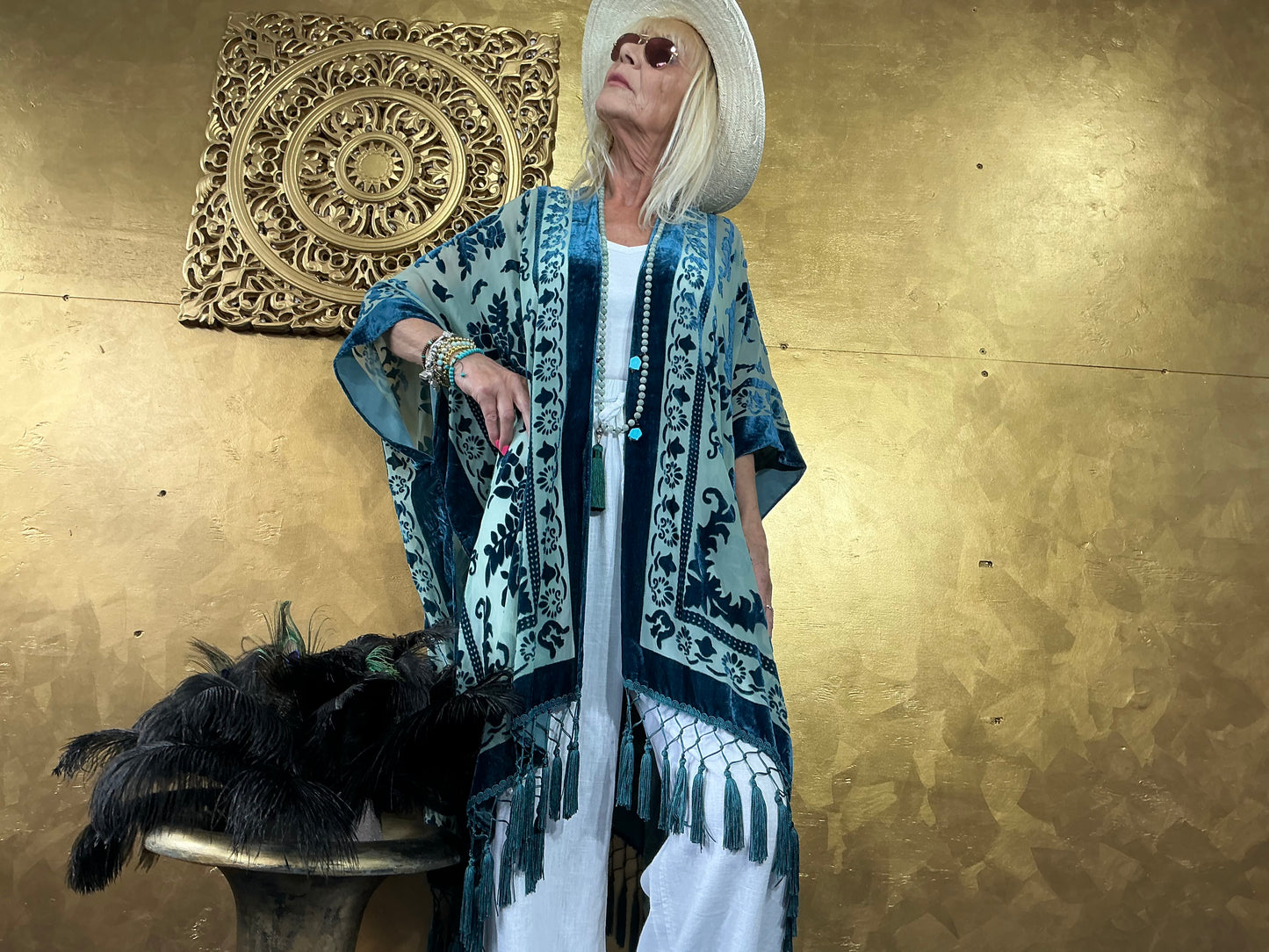 Lavish Cyan Blue Velvet Kimono