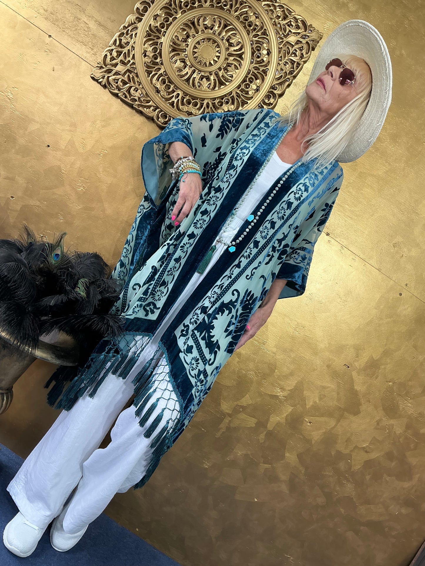 Lavish Cyan Blue Velvet Kimono