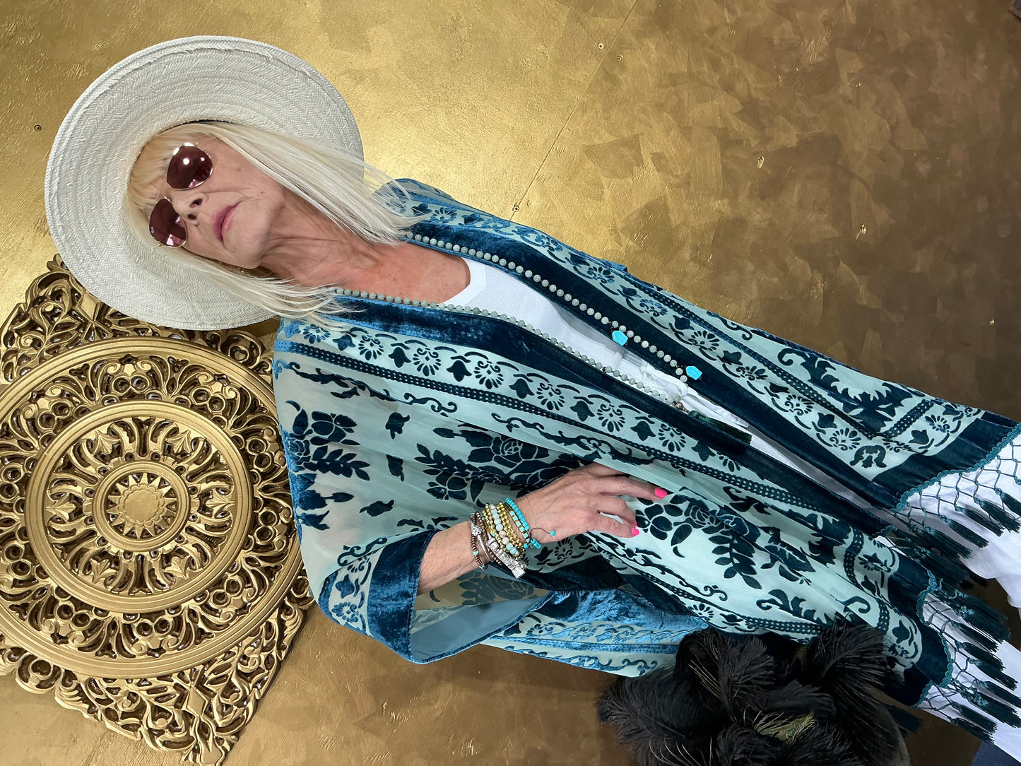 Lavish Cyan Blue Velvet Kimono
