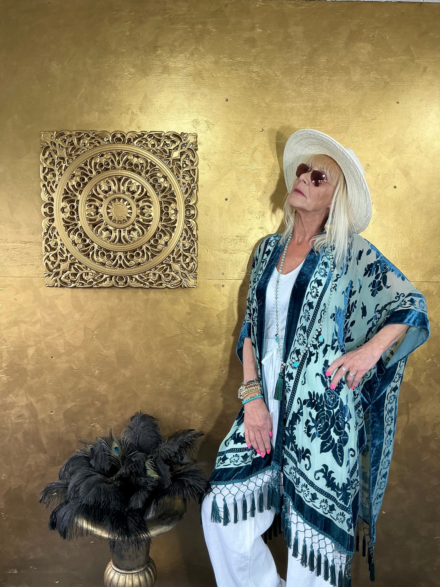 Lavish Cyan Blue Velvet Kimono
