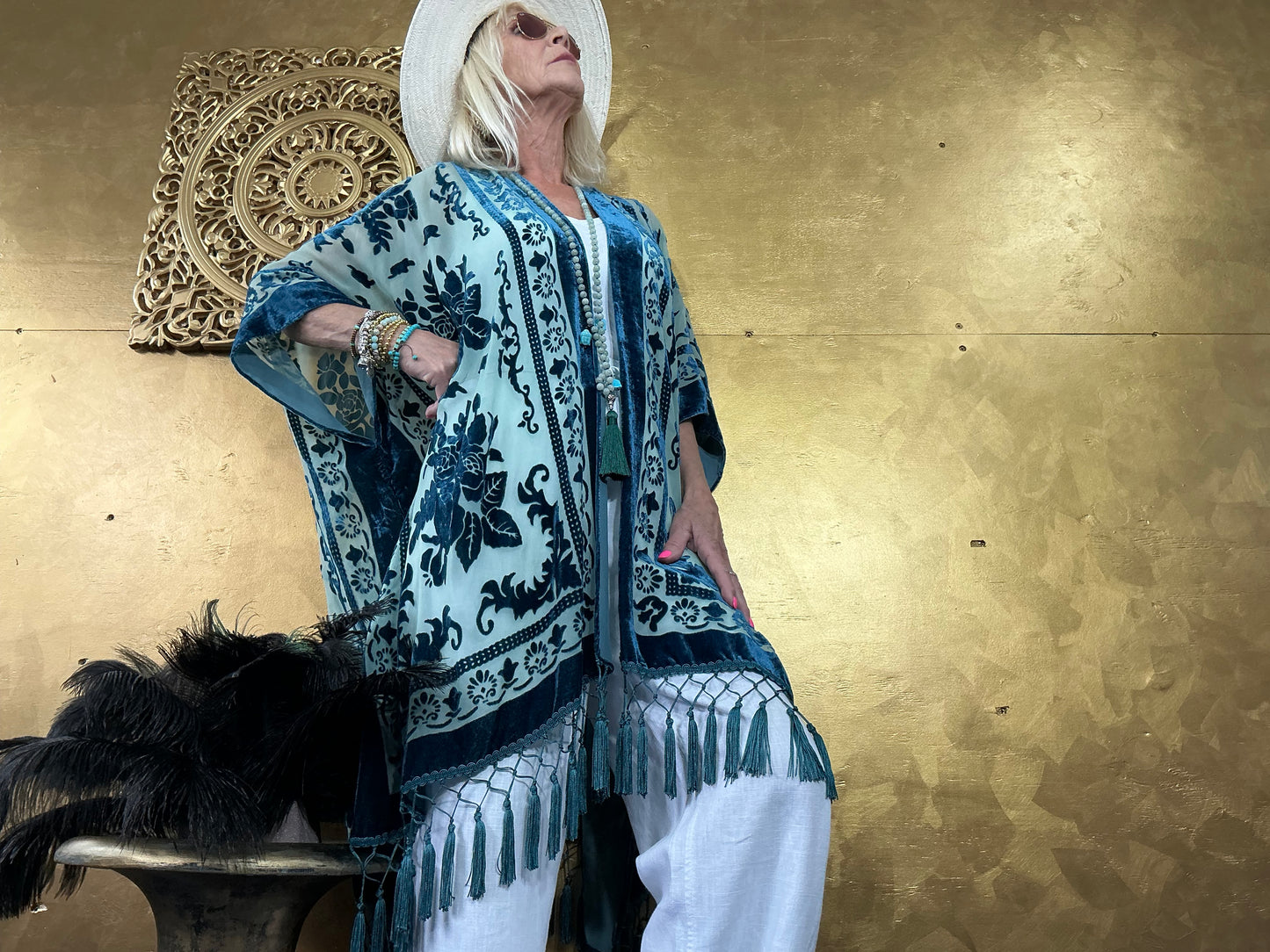 Lavish Cyan Blue Velvet Kimono