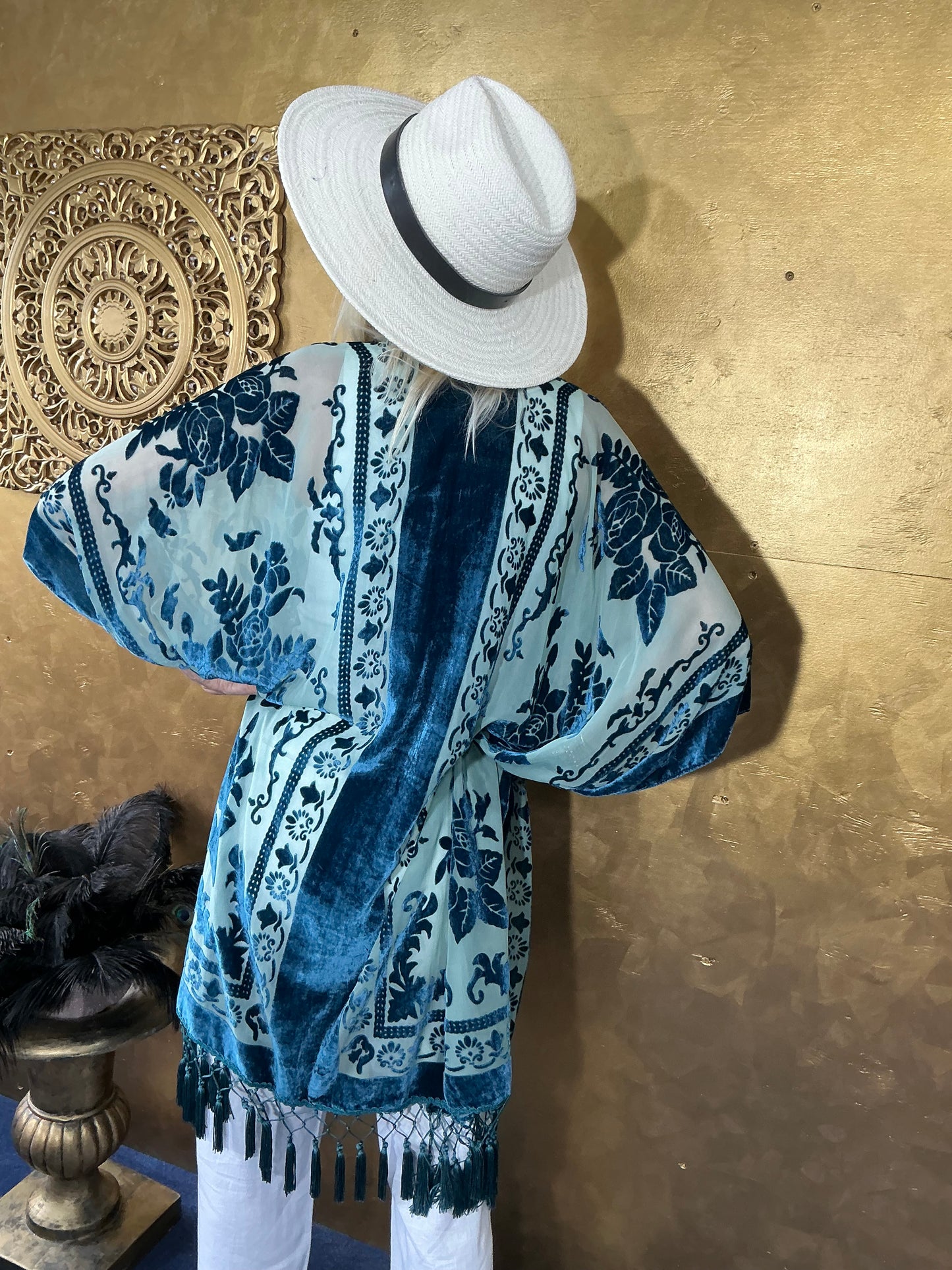 Lavish Cyan Blue Velvet Kimono