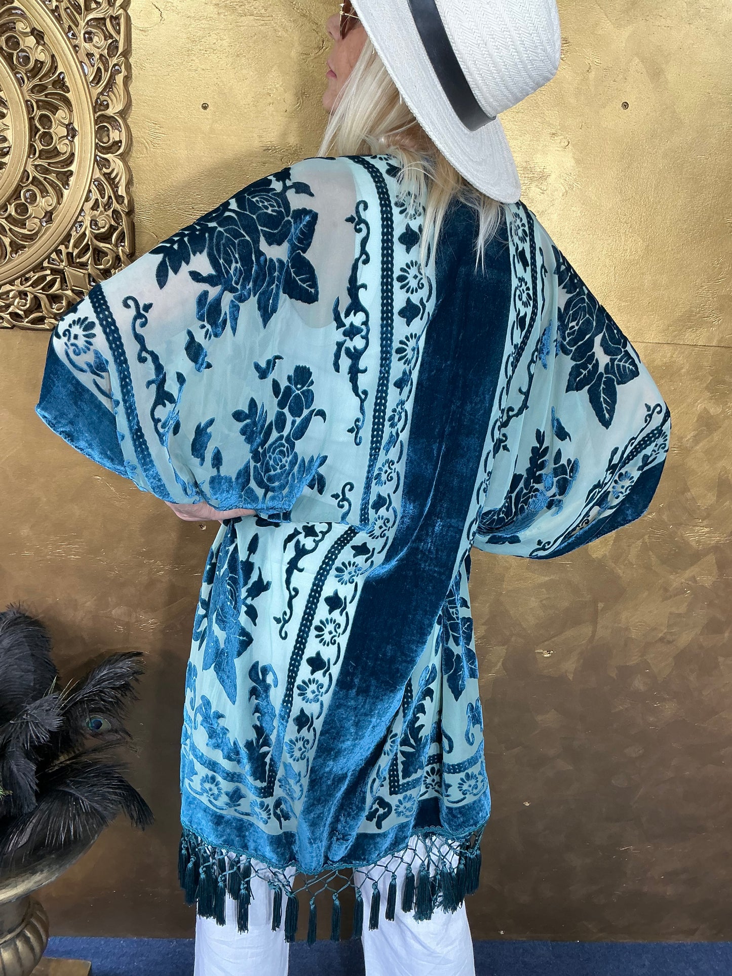 Lavish Cyan Blue Velvet Kimono